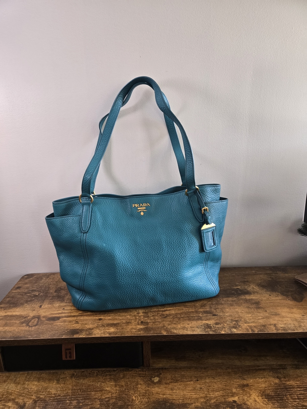 Prada Teal Pebbled Leather Tote - Picture 5 of 14